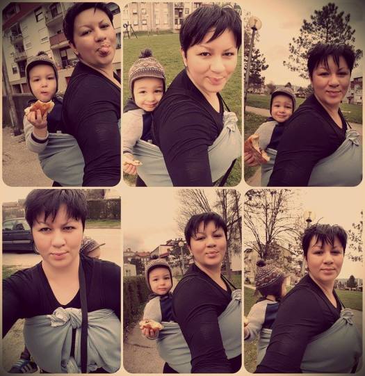 Tkani stolnjak u torzičnom vezu u stilu kange. Tanja Tomić sa sinom. 