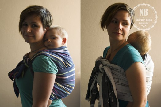 Kratki vezovi u tkanoj marami: moderni način nošenja tradicionalni vezova. Lijevo: Vez RRR s buleria završetkom u tkanoj marami vel. 1. Desno: torzični vez u tkanoj marami Milili u vel. 4.