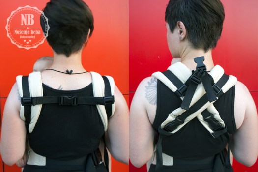 Lijevo: nošenje s paralelnim naramenicama kao što piše u uputama. Desno: nošenje prekriženih naramenica što je udobnije ali estetski manje privlačno, i nije navedeno u uputama.