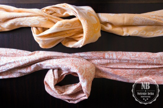 Gore: marama Didymos Gold-Ecru Pfau u polučvoru. Dolje: marama BabyMonkey King of Pumpkins u petlji.