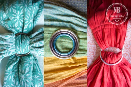 Prsten za nošenje može zamijeniti čvor u vezu i najčešće dolazi u 3 veličine, a i najprepoznatljivija nosiljka povezujućeg roditeljstva- sling, "ring sling" (nosiljka s prstenima) po prstenima je dobila ime. (Marama slijeva je Tarabeau Zova Heqet, sling u sredini je Girasol Gold Rainbow diamond weave, a sling desno je PixieKid Zalazak.)