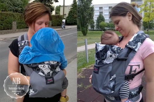 U klokanici Click&Go desno je moj sin od 1.5 g. a lijevo, radi eksperimenta, sitna beba od 3.5 mj. s Ergovim jastučićem. Panel je toliko mekan da se ponaša kao marama: prilagođava se tijelu bebe. 