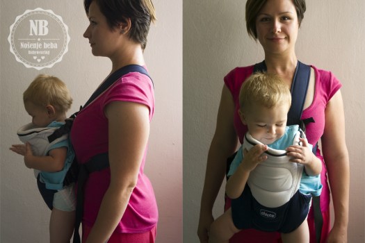 Nošenje u nosiljci s uskom bazom, bez pojasa: Težina pada na ramena i vuče nositelja iz ravnoteže prema naprijed. Ovo nije preporučljivi položaj za nošenje, niti je preporučljiva klokanica budući da nije udobna nositelju niti bebi ne omogućuje idealni položaj. 