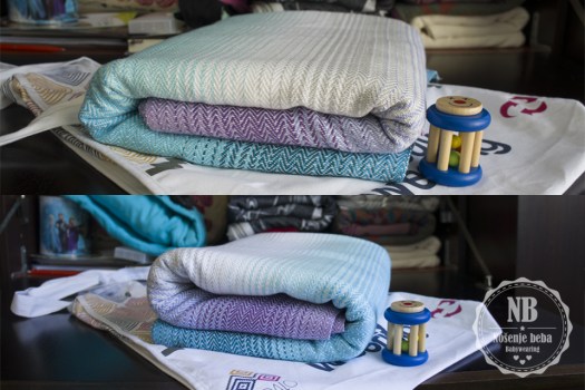 Fotografije "cvjetanja"marame. Gore: Prije pranja i peglanja. Dolje: Nakon pranja i peglanja kad su se vlakna izduljila, opustila, tkanje je sjelo i cijela marama dobila na volumenu. 