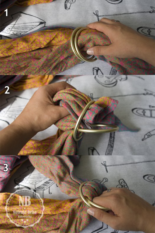 Razrađivanje tkane marame provlačenjem kroz prstene za nošenje. 