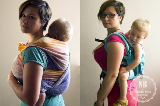 U određenim klokanicama moguće je nositi visoko skoro kao u tkanoj marami. Lijevo: Strojno tkana svilena marama Oscha Okinami Aegle vel. 4 u vezu WDH (Wendy's Double Hammock). Desno: meka oblikovana nosiljka Isara V3 FWC Toddler Turquoise (Full Wrap Conversion- nosiljka u potpunosti sašivena od tkane marame). 