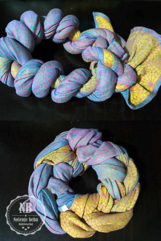 Lomljenje tkane marame za nošenje beba pletenjem i uvijanjem. 