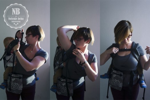 Nošenje na leđima. U ovoj nosiljci se lako položaj može mijenjati u hodu. Zbog ravnog i mekanog pojasa može se nositi visoko.