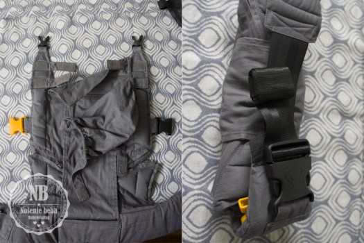 Lijevo: Kapuljača za spavanje i zaštitu od vjetra i sunca odvojiva je i pričvršćuje se čičkom za naramenice. Desno: Kopče su u 3 veličine na nosiljci, kvalitetne i lake za korištenje. Remen na pojasu traži malo navikavanja budući da je sklizak. Nalikuje na remene iz autosjedalica. 