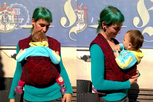 Azra i mala Luna prvi put su u tkanoj marami. Za prvi vez odabrale su vez FWCC i Soul Slings Imperial tkanu maramu. Više im se sviđa "kriva" crvena strana. 