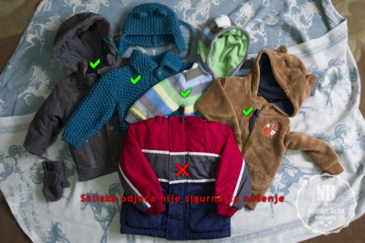 Sklisku odjeću treba izbjegavati osim ako to nije sloj odjeće koji ide i preko bebe i vas.