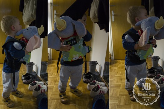Molim da ne kupujete falsificirane nosiljke čak i ako su one samo za nošenje lutki i plišanaca. Na fotografiji je moj 22-mjesečni sin s nosiljkom za lutke Boba Mini. 