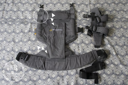 Značajke nosiljke s prave strane sa suženim panelom u pripremi za nošenje bebe naprijed, prema van. 