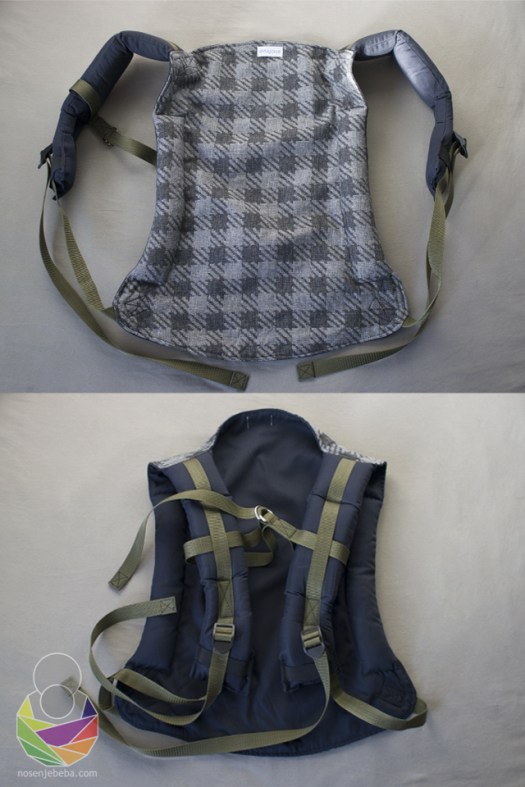 Testni onbu iz radionice ZMajčice. Vanjska strana panela sadrži 20% vune pa uz uzorak, remene u boji i metalne prstene na poprečnom remenčiću daje dašak luksuza. 