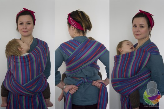 Podegi vezan kao mei tai: trake prvo idu preko ramena, zatim se križaju na leđima, križaju naprijed pod guzom i vraćaju na leđa te vežu u muški čvor. 