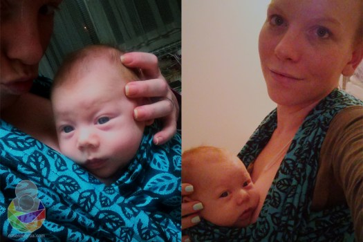 Mama Kristina Leščan s dvomjesečnom kćeri Vitom u Neko Slings tkanoj marami Smyrna Leaf Sky.