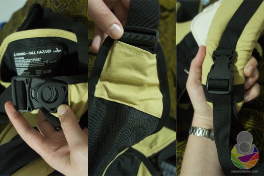 Sve kopče na nosiljkama su marke Duraflex. One na I-Angel Simple Hip Seat Carrier modelu su jednostavnije jer služe samo za pridržavanje starijih beba na boku (lijevo i sredina).