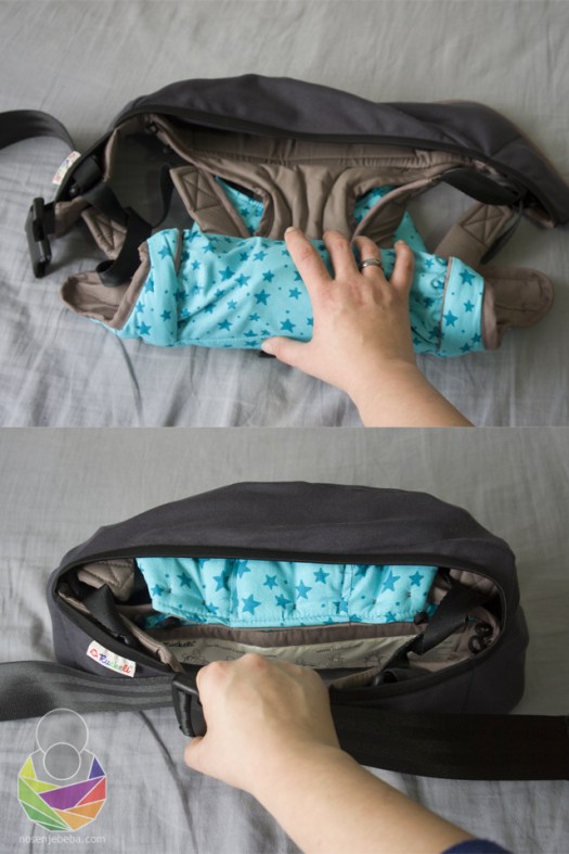 Cijeli Ruckeli može se zarolati u pojas i dok je na nositelju i nositi kao pojasnica i hip seat nosiljka kad se beba samostalno posjedne. Nevjerojatno je lagan za jednu oblikovanu nosiljku (650-790g!)